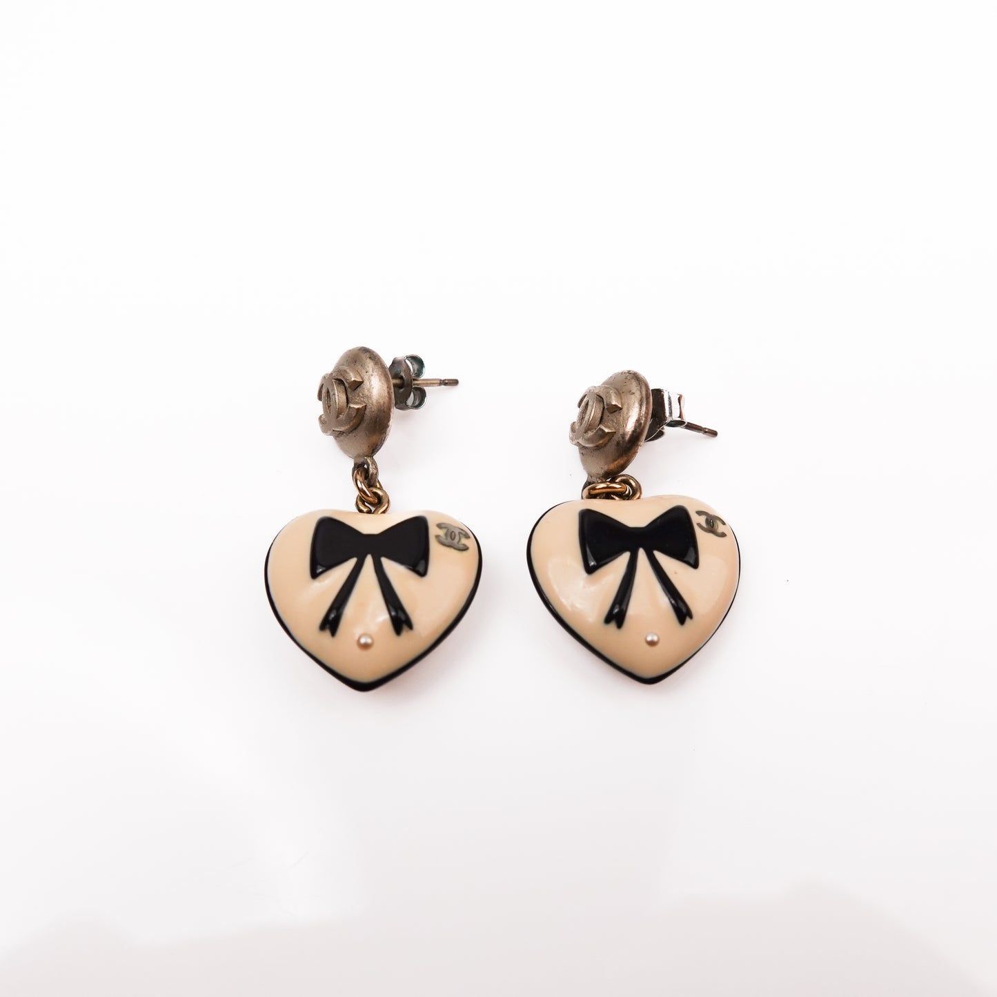 Chanel Pearl CC Heart Drop Earrings