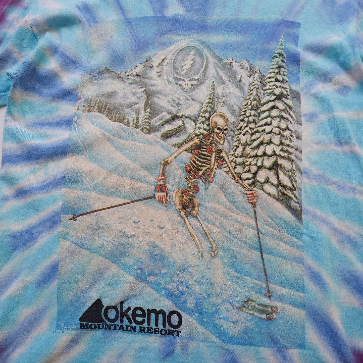 1991 Grateful Dead Skiing Skeleton Tie Dye Tee - Size L