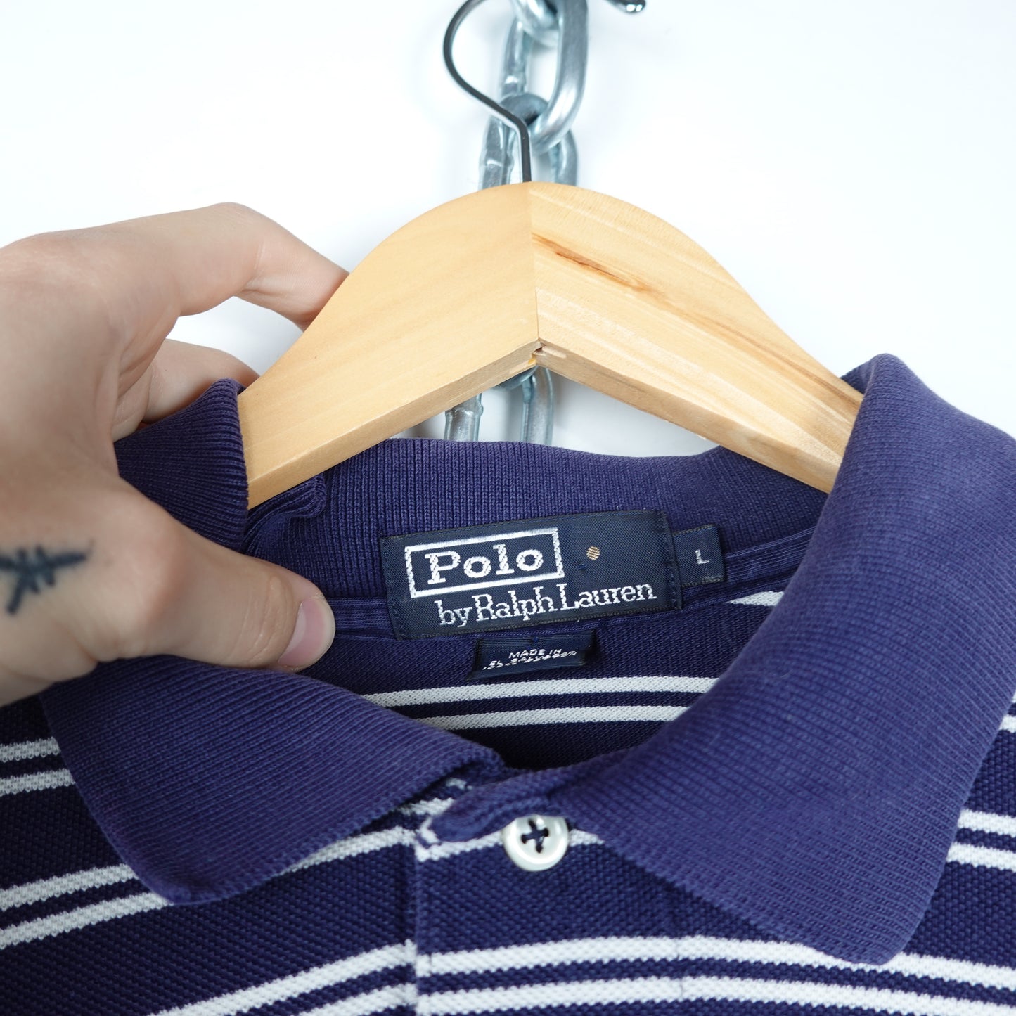 Polo RL Navy/White Striped Shirt - Size L