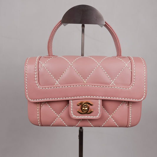 Vintage Chanel Mini Wild Stitch Surpique Top Handle Pink Flap Bag