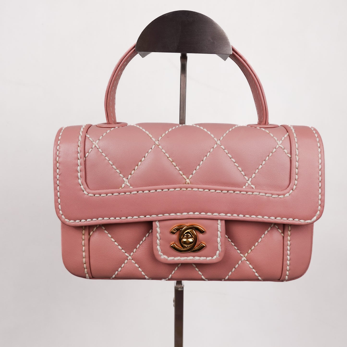 Vintage Chanel Mini Wild Stitch Surpique Top Handle Pink Flap Bag