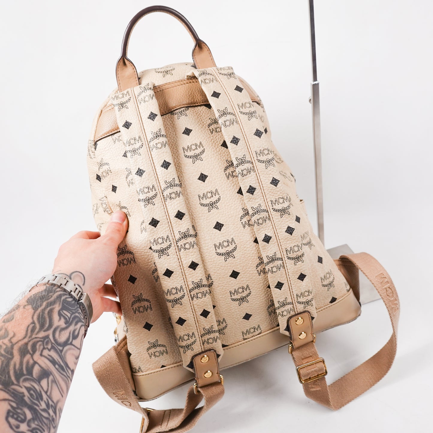 MCM Studded Stark Backpack - Beige