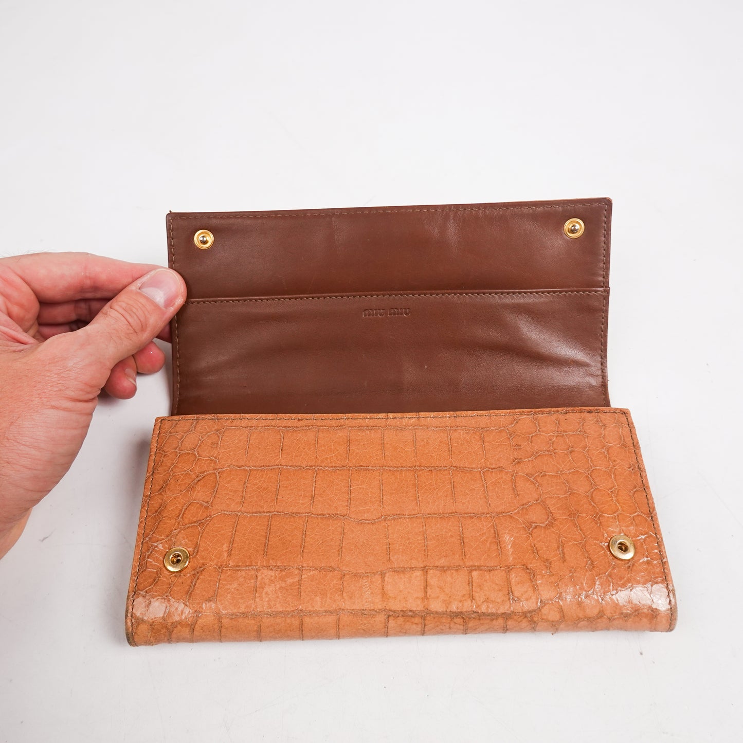 Miu Miu Tan Camel Croc Embossed Long Wallet