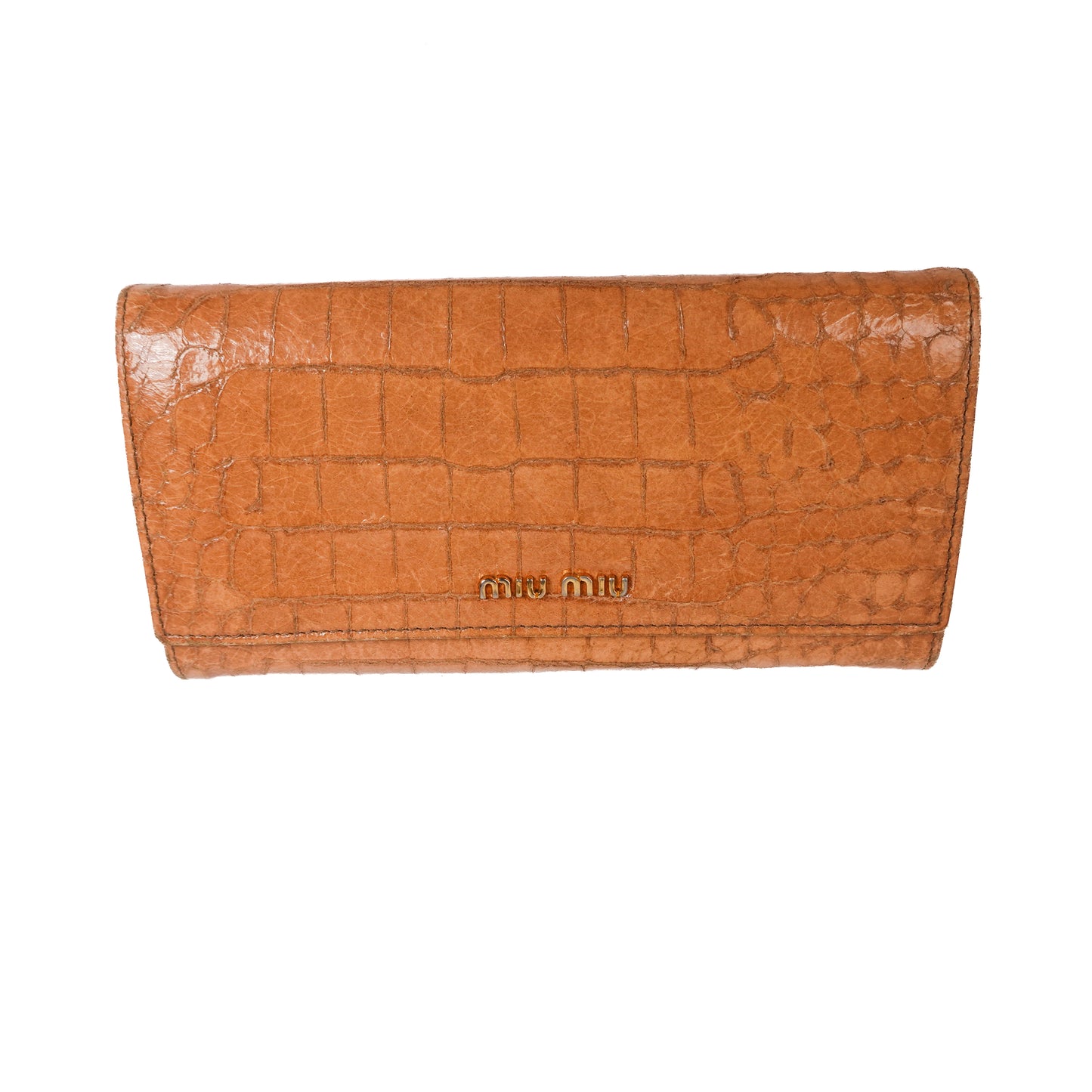 Miu Miu Tan Camel Croc Embossed Long Wallet