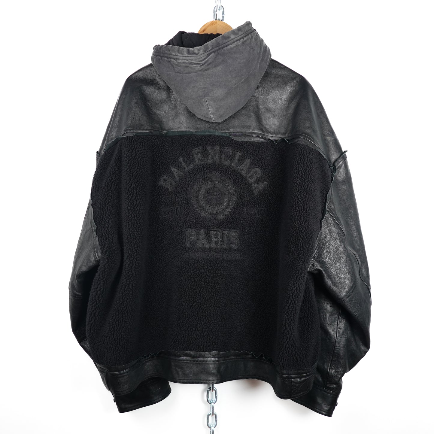 The Back of a Black Balenciaga College 1917 Fleece Leather Jacket Size Medium