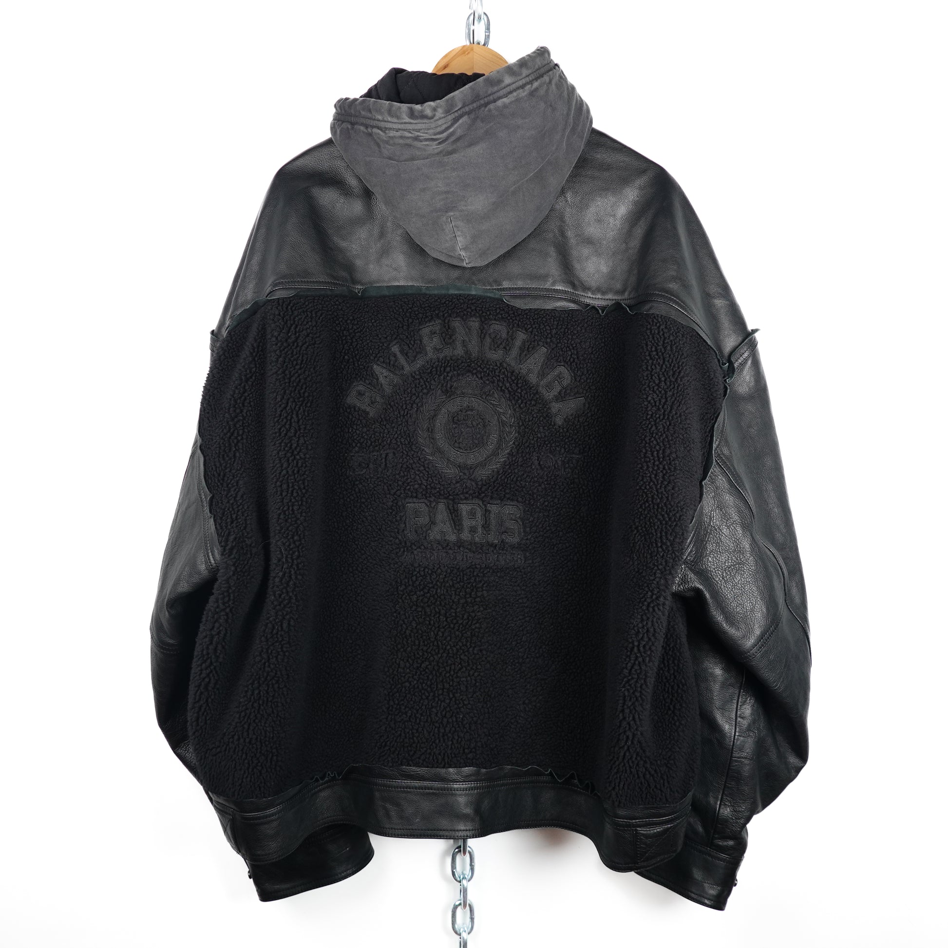 The Back of a Black Balenciaga College 1917 Fleece Leather Jacket Size Medium