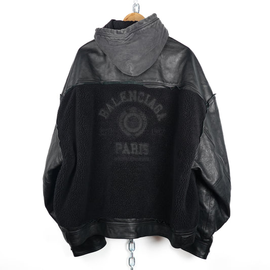 The Back of a Black Balenciaga College 1917 Fleece Leather Jacket Size Medium