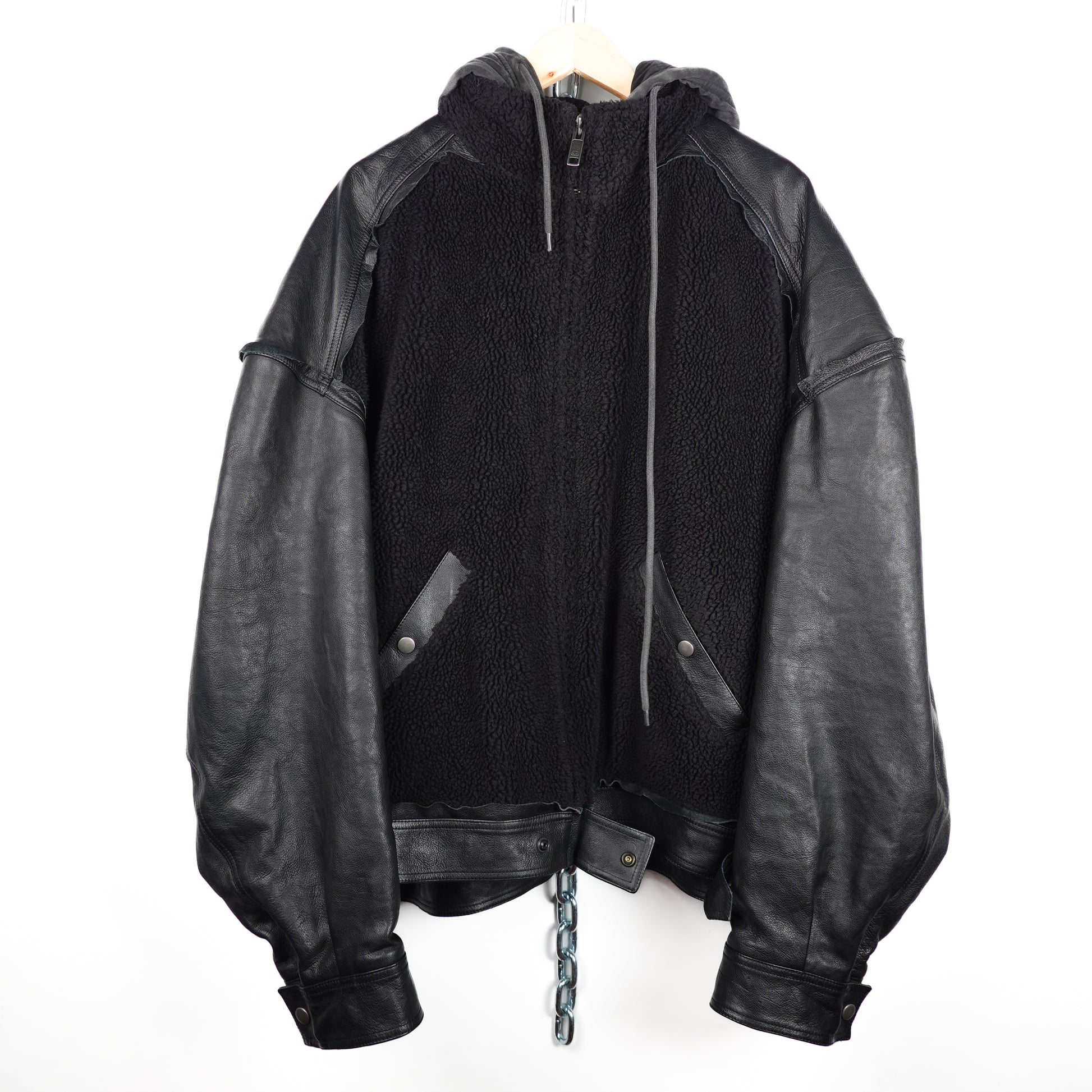 The Front of a Black Balenciaga College 1917 Fleece Leather Jacket Size Medium