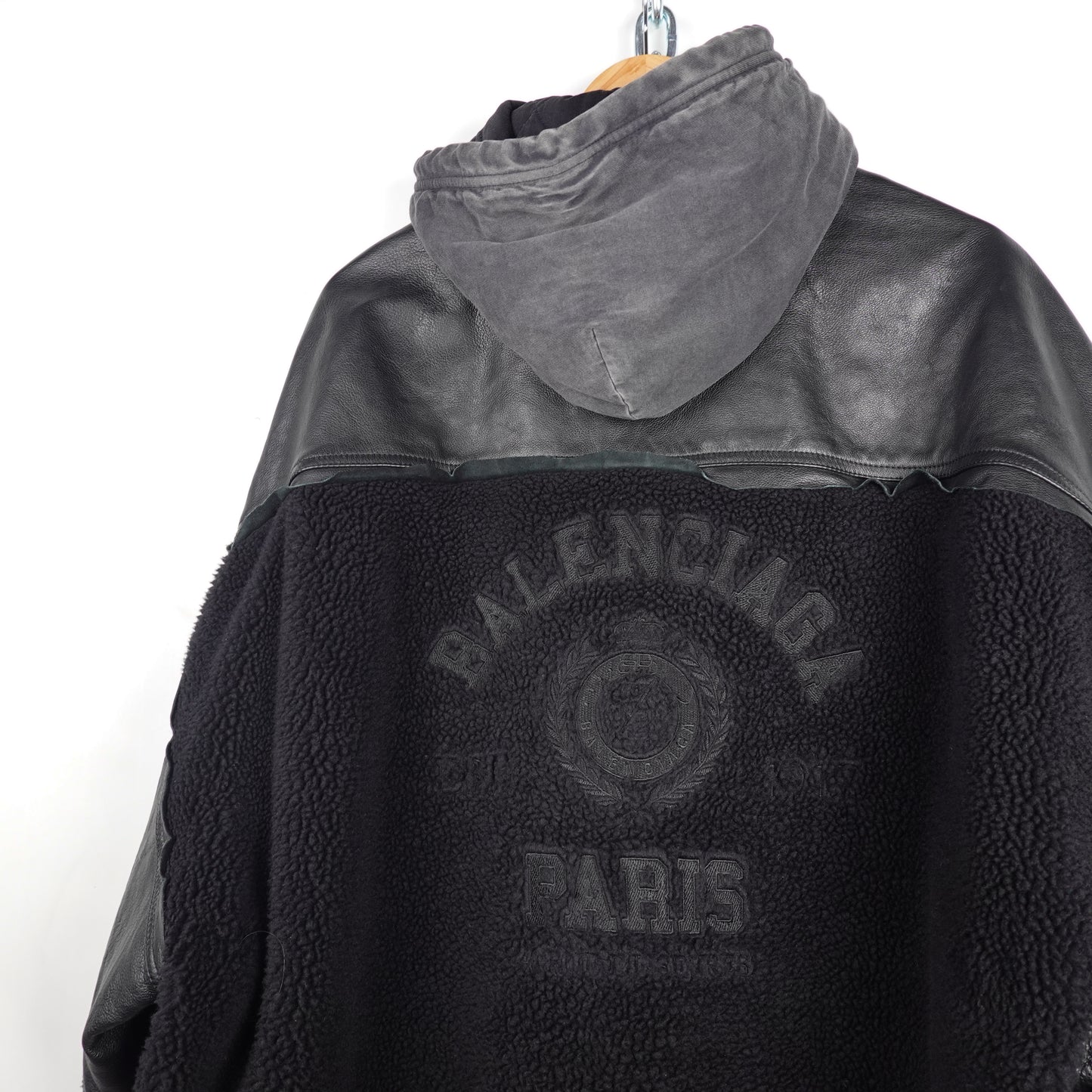 Close Up Of Logo On Back of a Black Balenciaga College 1917 Fleece Leather Jacket Size Medium