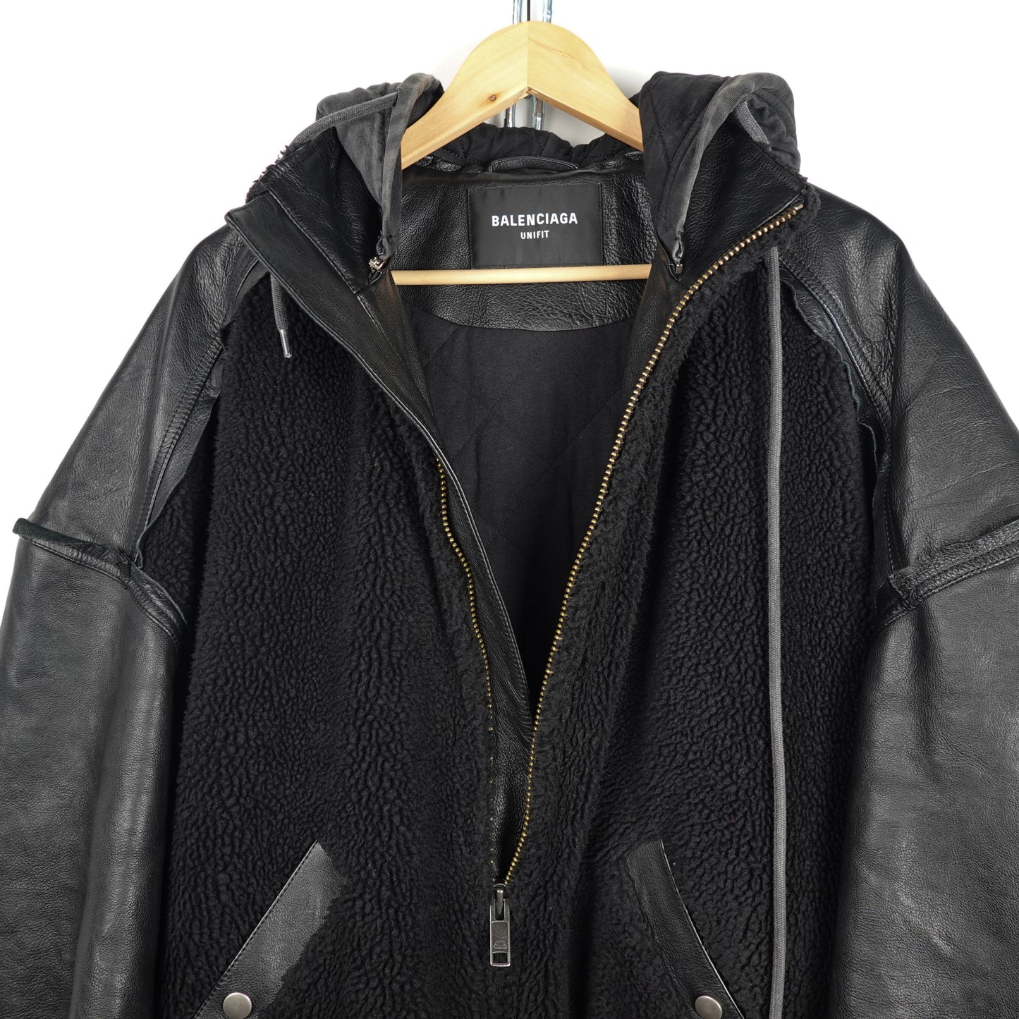 Neck Tag of a Black Balenciaga College 1917 Fleece Leather Jacket Size Medium