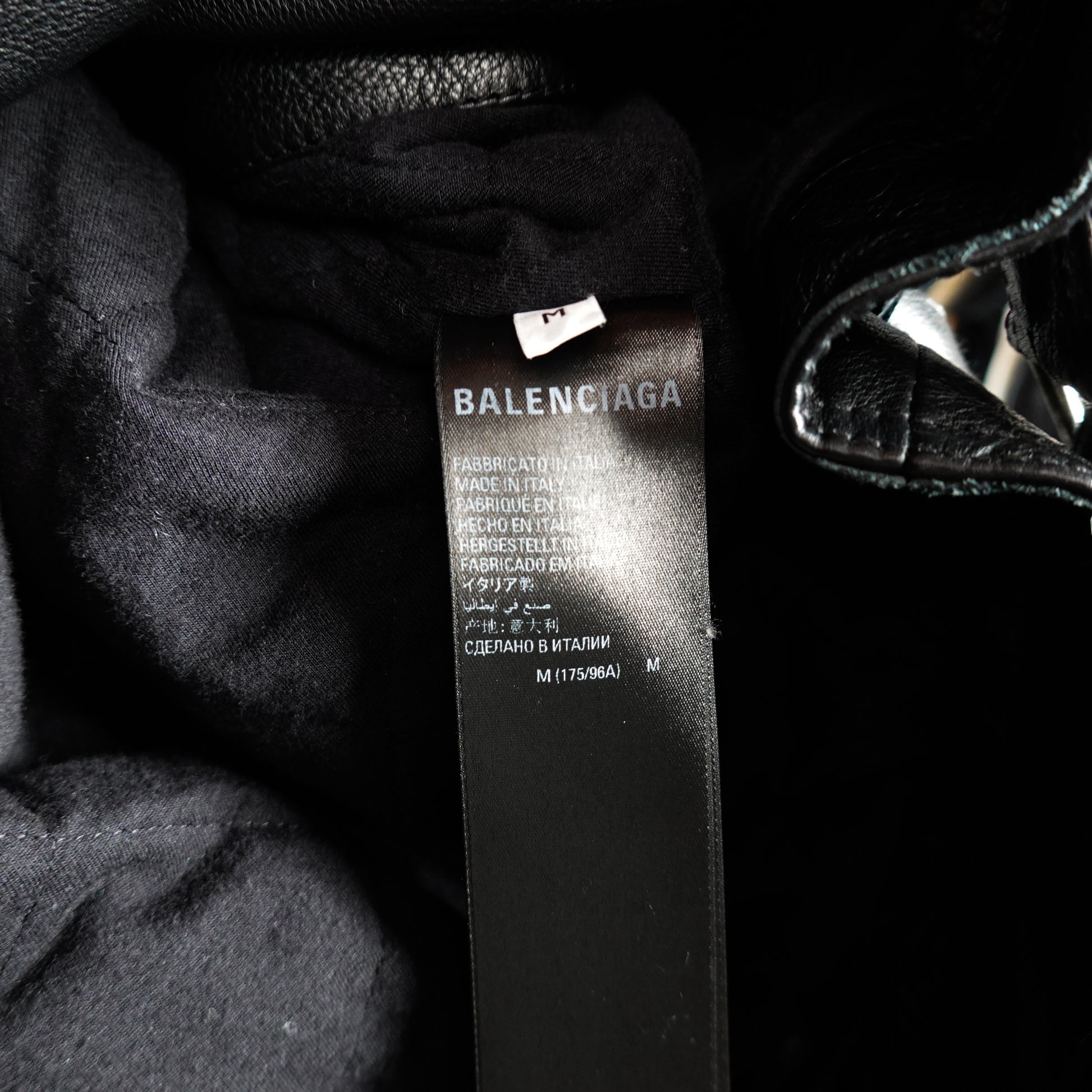 Size Tag of a Black Balenciaga College 1917 Fleece Leather Jacket Size Medium