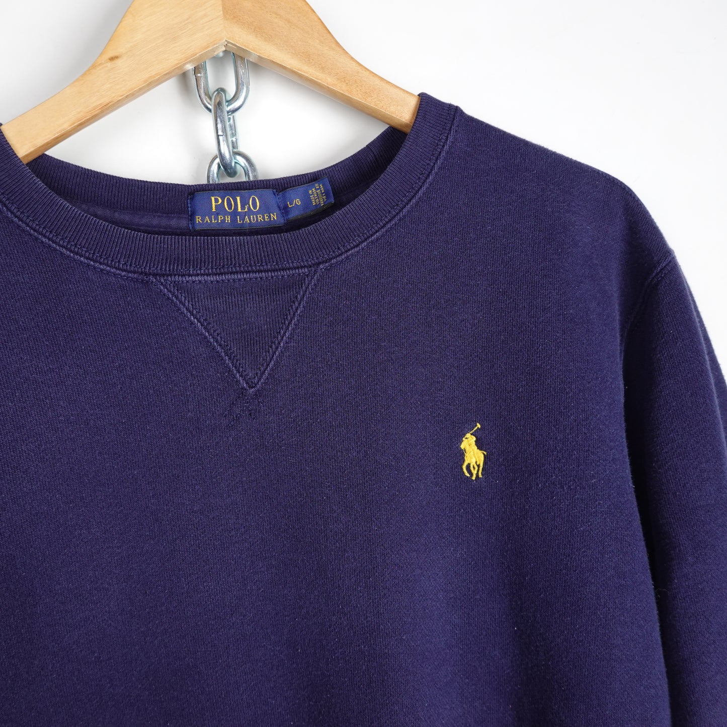 Polo Ralph Lauren Navy Crewneck - Size L Close Up Detail Photo Neck Label