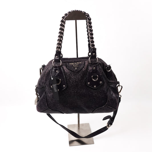 Prada Black Cervo Lux Leather Chain Shoulder Bag